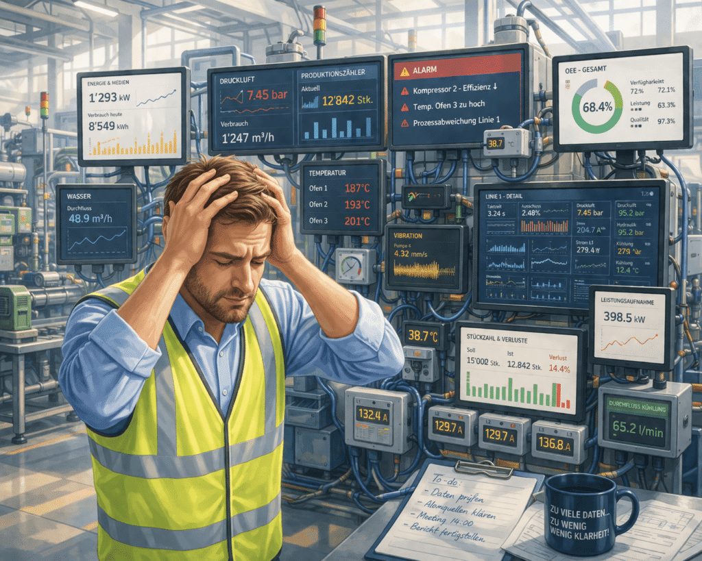 Eine Person, die vor lauter Messdaten im Energiemanagement den Durchblick nicht mehr hat.